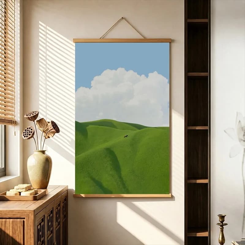 Wall Art Green Hills beneath Dramatic Summer Clouds, Modern Minimal Pearlescent Canvas Wall Hanging Scroll for Reading Nook