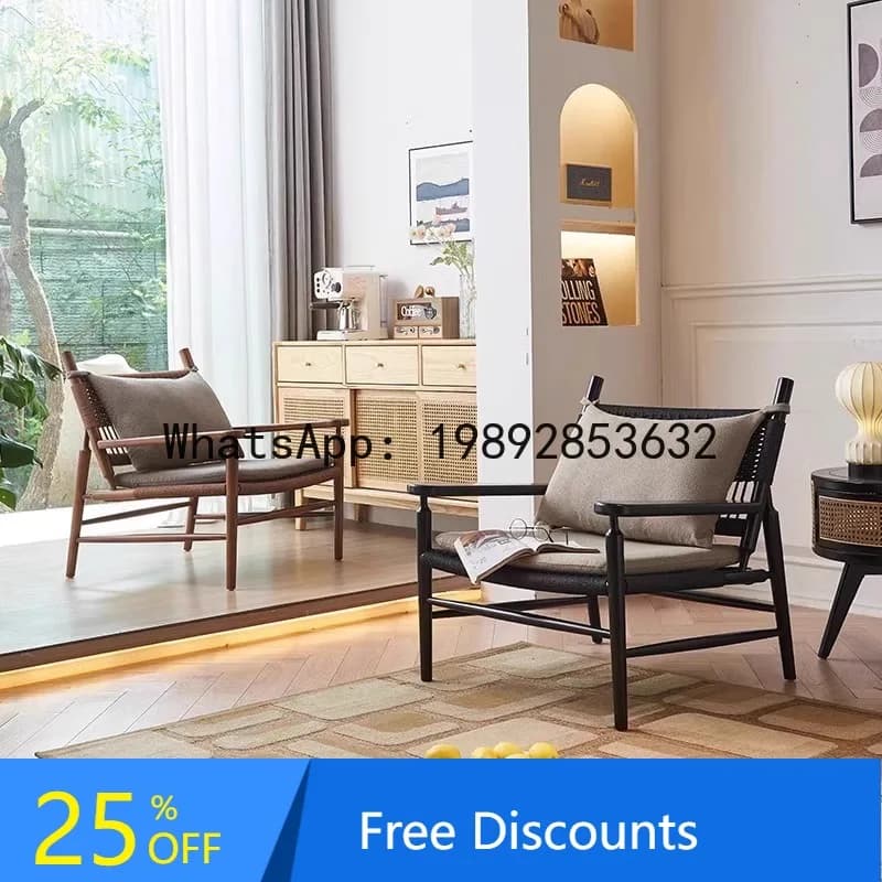 YFY Solid Wood Hemp Rope Outdoor Single Chair Home Armrest Balcony Leisure Chair Sofa Chair Outdoor Courtyard