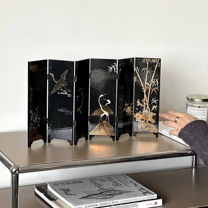 Modern Vintage Chinese Style Lacquer Screen Unique Small-Scale Desktop Ornament Tabletop Divider Decor Artistic Home Accent