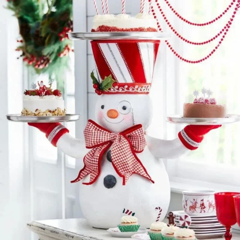 Santa Claus Holding A Snack Tray Figurine Ornament Snowman Treats Holder Cake Dessert Stand Fruit Plate For Xmas Party Gifts