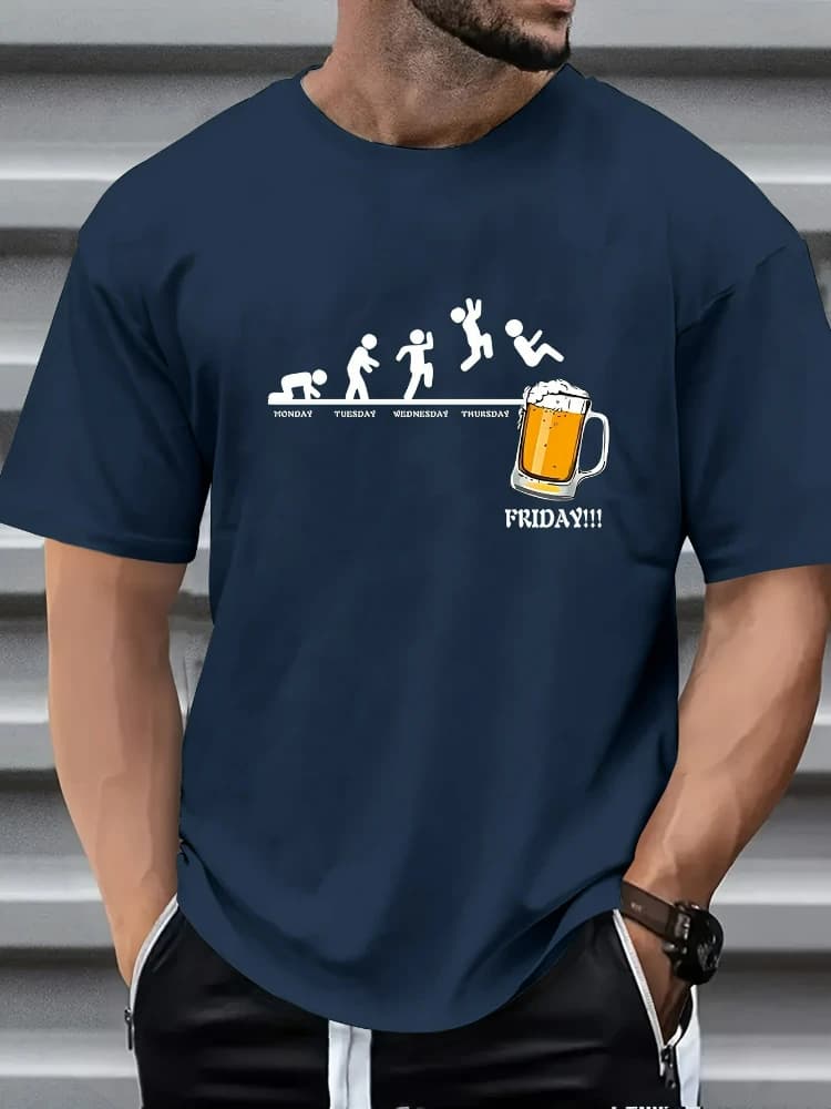 Men's beer pattern T-shirt-"Friday" design, summer cotton printed casual round neck short sleeve printed T-shirt.