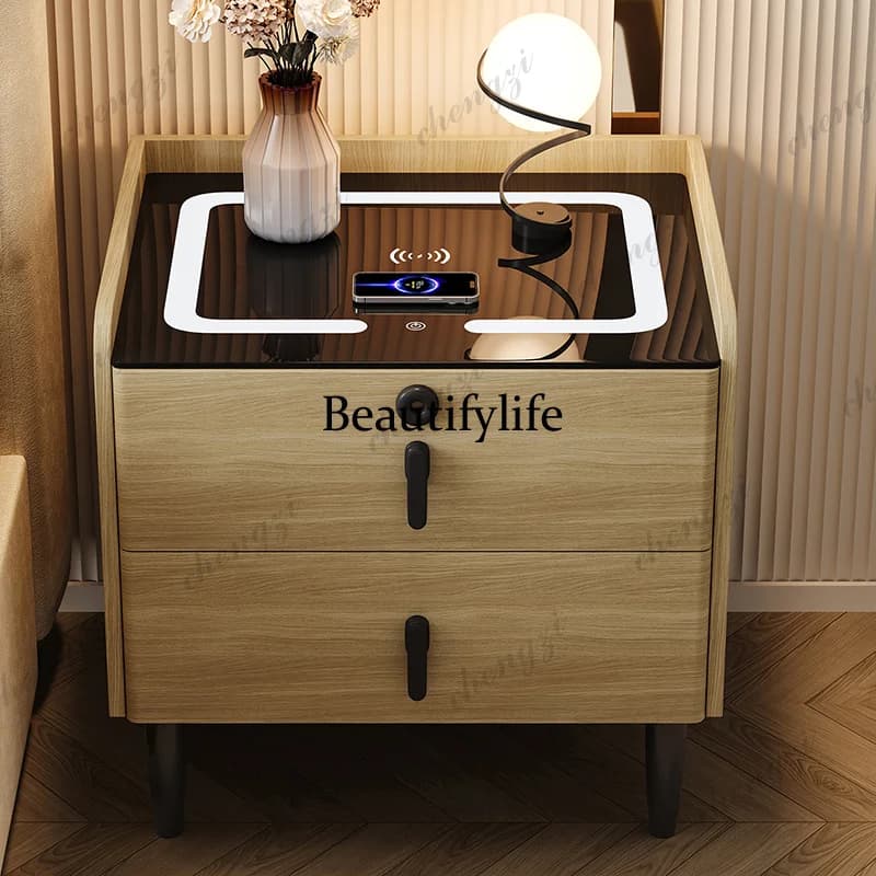 A68 Luxury Nordic Led Bedroom Nightstand Ports Unique Design Smart Bedsides Table Storage Solid Wood Mesitas De Noche Furniture