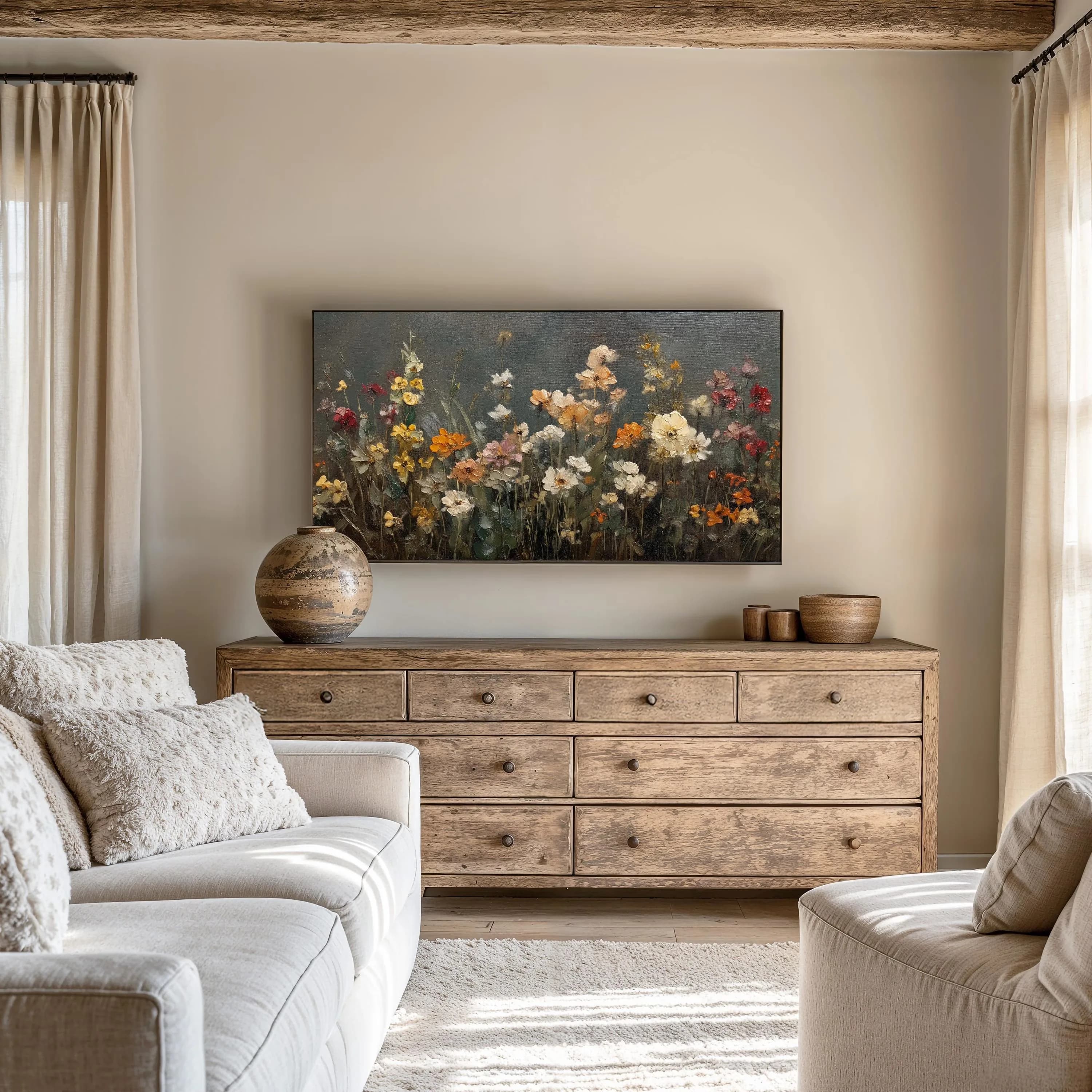 Melancholy Summer Wildflowers Canvas Poster,Botanical Floral Wall Art,Dark Green Modern Floral Painting,Home Living Room Decor