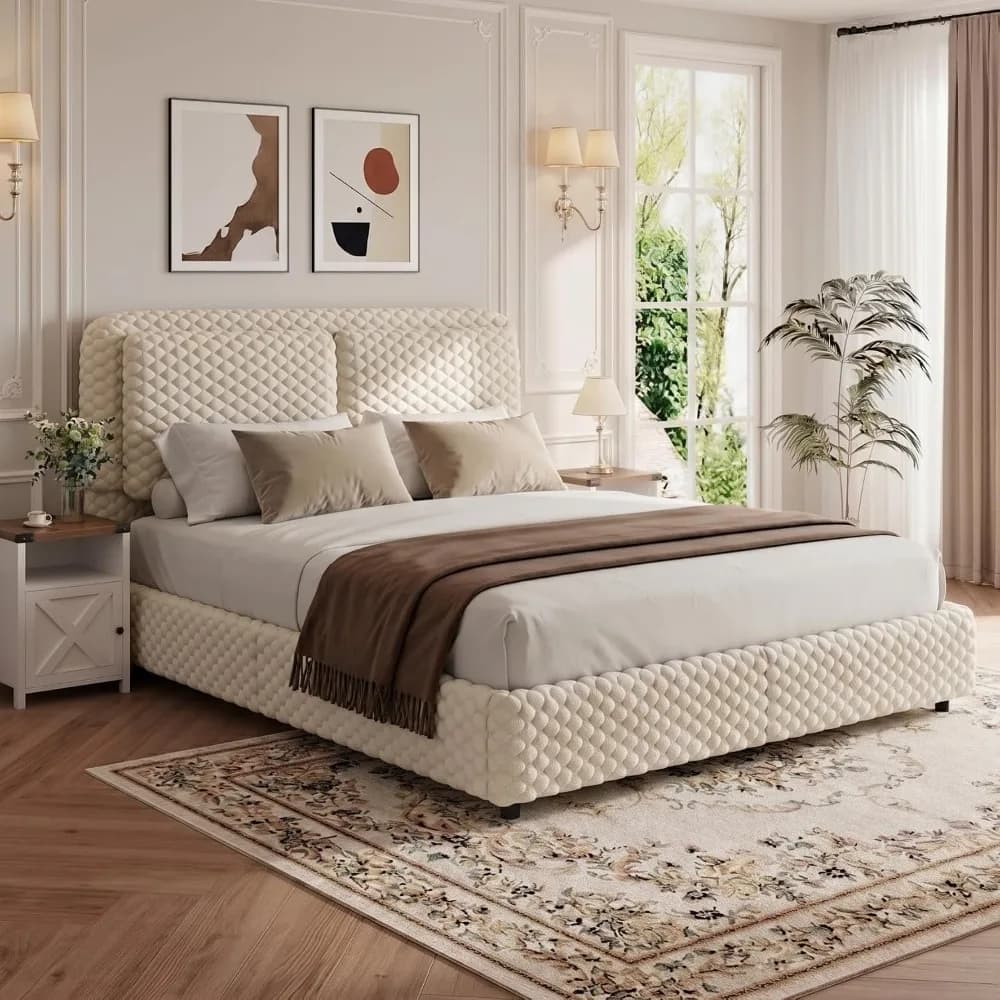 Full Size Bed Frame with Headboard, Corduroy Upholstered Bed Frame, Wooden Slats Support, No Box Spring Needed, Customized