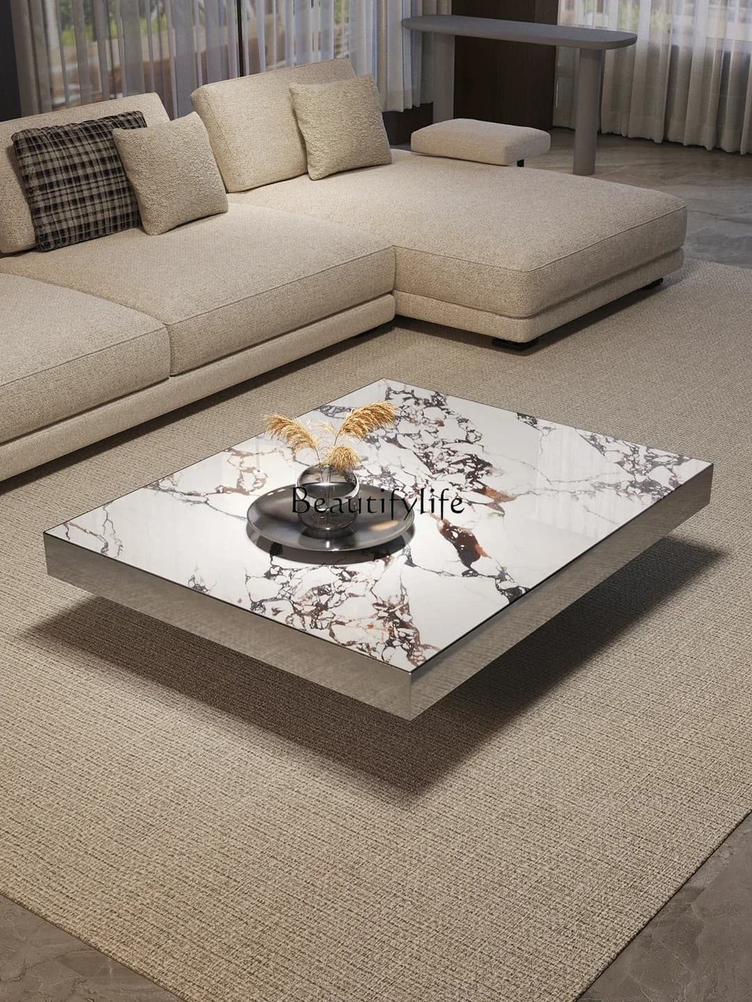 FG*High-end natural marble coffee table square tea table light luxury modern simple coffee table