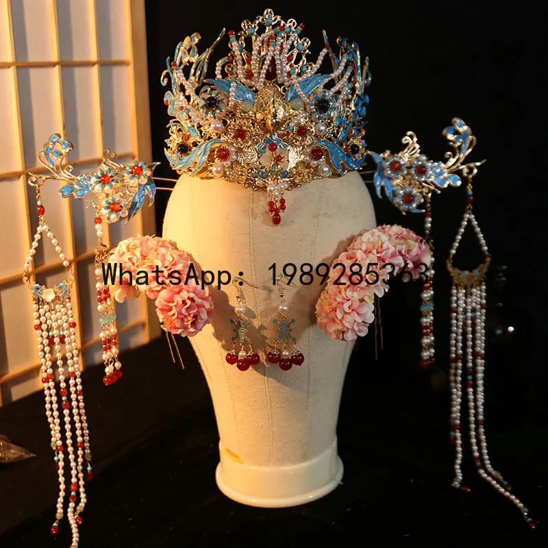 FS antique handmade fringed hair accessories Hanfu ancient clothing headgear hairpin super fairy accessories burnt blue hair