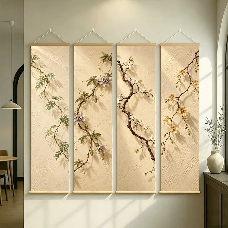 Wall Art Red Twig Dogwood and Oncidium Orchid, Wabi-Sabi Silver Shimmer Canvas Hanging Scroll for Peaceful Boutique Hotel