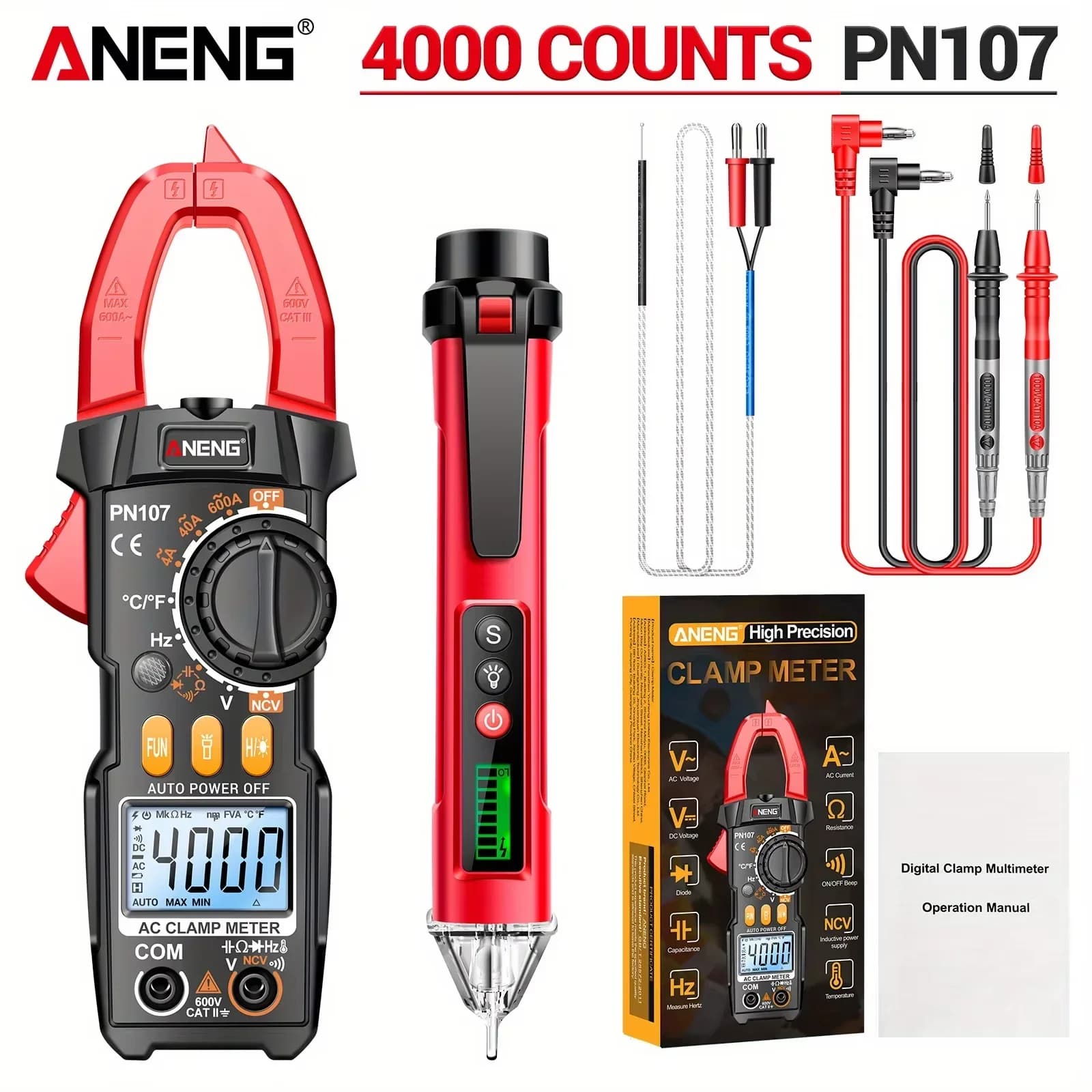 ANENG PN107 Digital Clamp Meter 4000 Counts 600A AC DC Current Voltage Resistance Tester NCV Multimeter Electrician Tool