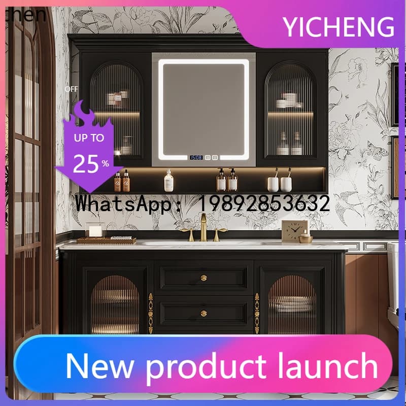 X1 oak  retro bathroom cabinet combination bathroom washstand floor-to-ceiling smart mirror cabinet luxury stone