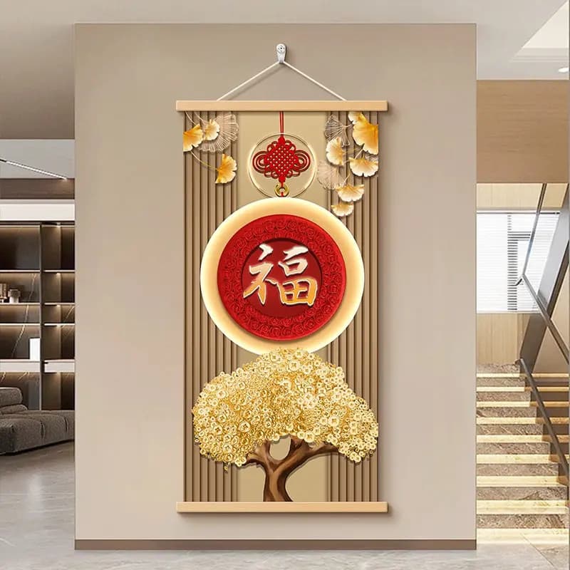 Wall Art Red Fortune Character and Golden Tree Chinese Style Pearlescent Canvas Hanging Scroll with Wooden Rods for Entryway