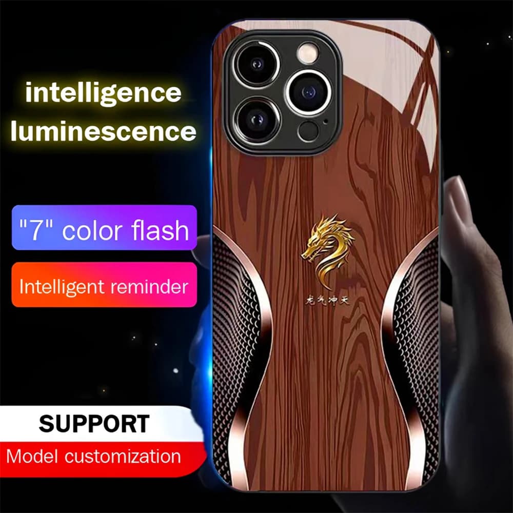Wood Grain Dragon Emblem Sound Control LED Flash Cases Luminous Glass Cover For VIVO X50 X60 X70 X80 X90 X100 X200 Pro Plus