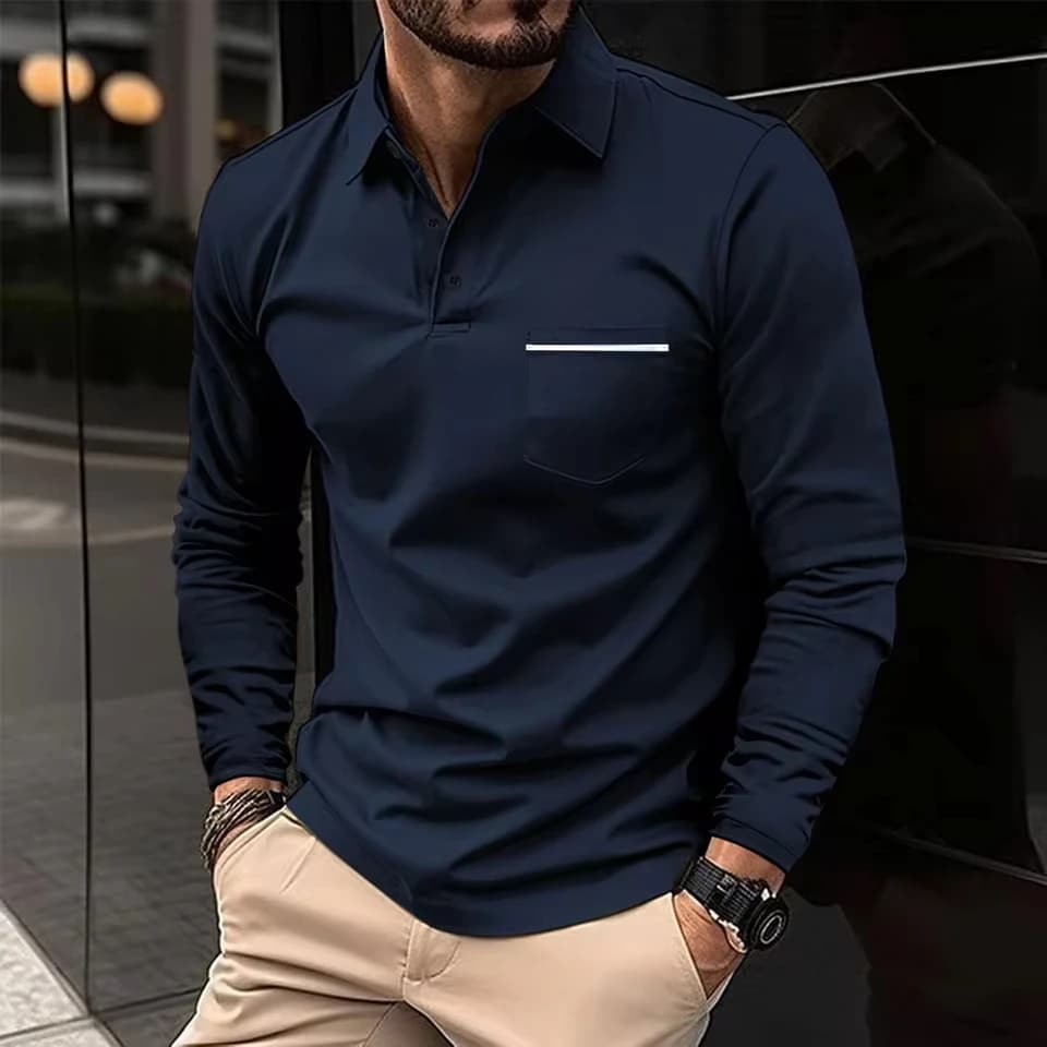 Spring Long Sleeve V-Neck Button Pocket Men's Casual Top