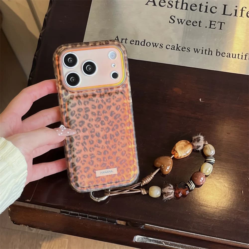 Korea Fashion Ins brown Leopard Phone Case For iPhone 18 Pro 17 16 15 Pro Max Cover Shockproof Cute Cases 18Promax with Chain