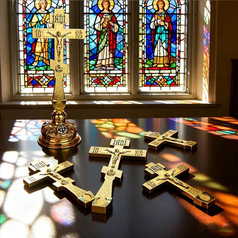 Premium Gilded Orthodox Cross Collection Embossed Alloy Jesus Crucifix Design Desktop Standing Cross And Hand‑Held Blessing