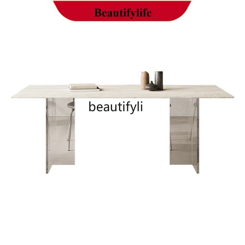 z183 Acrylic suspended travertine rock slab dining table, antique retro simple square dining table