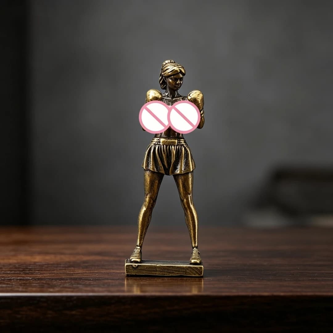 Vintage Brass Female Boxer Figurine Mini Boxing Girl Statue Sports Desk Decor Strong Woman Collectible Desktop Ornament