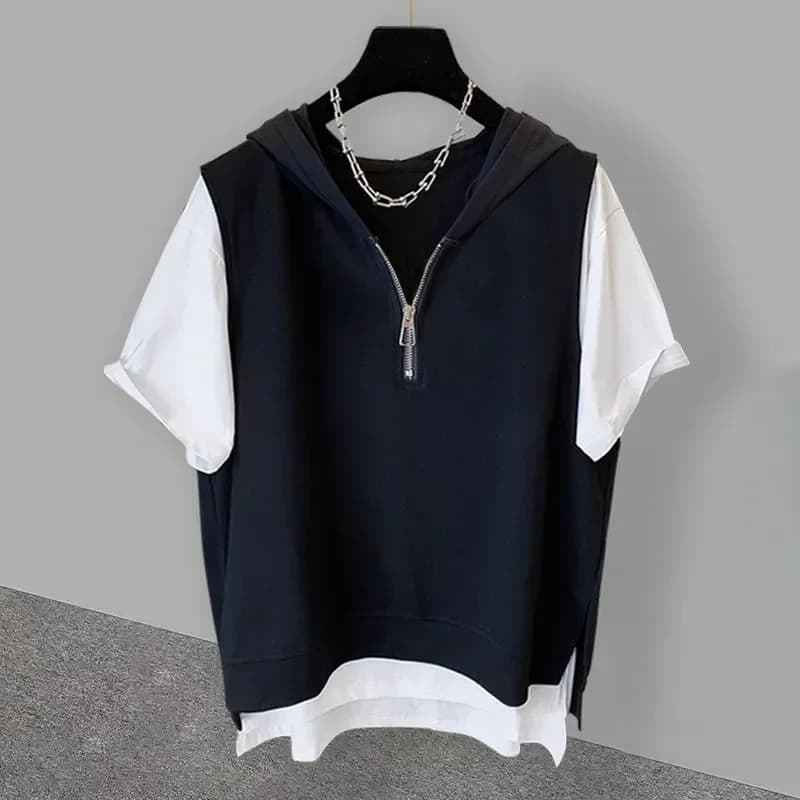 Men's Hooded Sleeveless Zipper Front Vest T-Shirt Layered Look Black White Contrast Casual Top