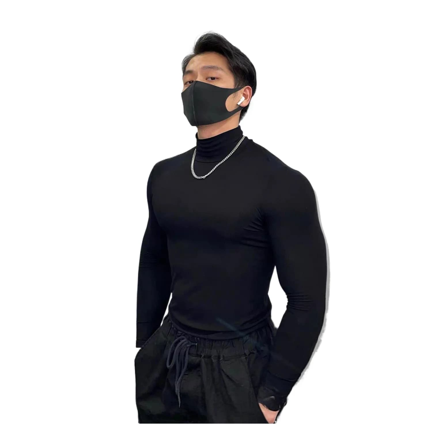 Men Mock Neck Long Sleeve Athletic Compression Tops Running Training Muscle Shirts Autumn Winter Fitness Base Layer Sport Unders