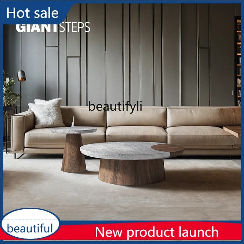 cqy Italian Style Round Marble Coffee Table Set for Living Room Home Use Modern Simple Retro Style