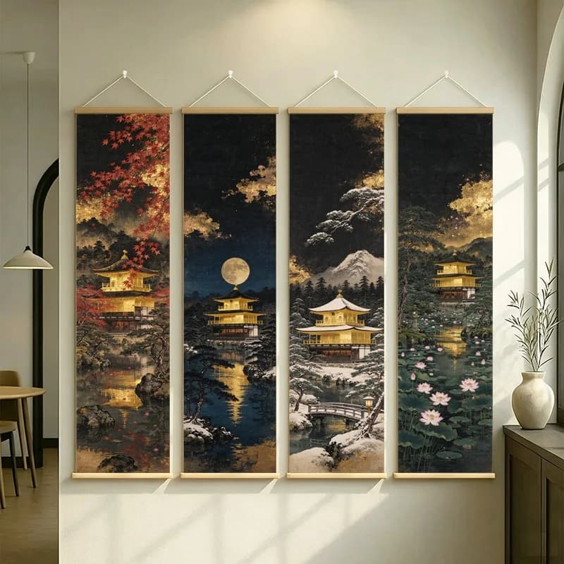 Japanese Wall Art Golden Pagodas Moonlit Water and Autumn Trees on Silver Shimmer Canvas for a Refined Hotel Lounge