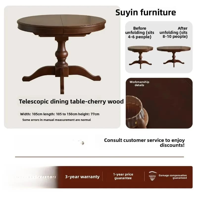 Ca-18  New American Retro Solid Wood Retractable Dining Table Home Foldable Round Dining Table