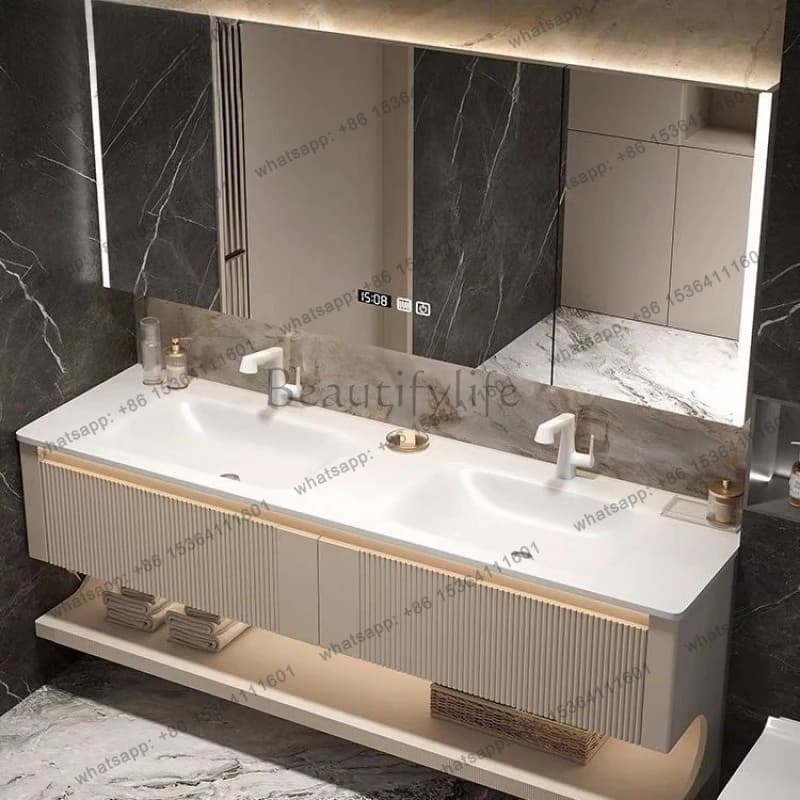 Modern cream air wash basin cabinet rock slab hot bending integrated double basin oak bathroom cabinet combination