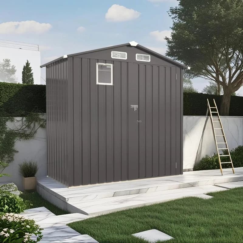 The warehouse is an outdoor storage shed with a pitched roof waterproof, front window and hinged doors