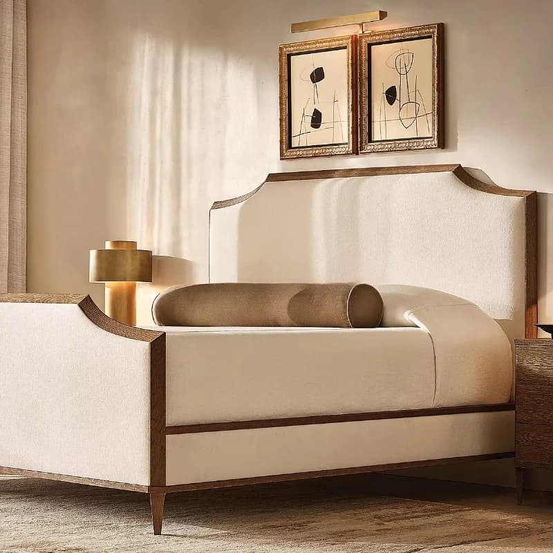 Solid wood hunchback bed with upholstered headboard and tall bed board
