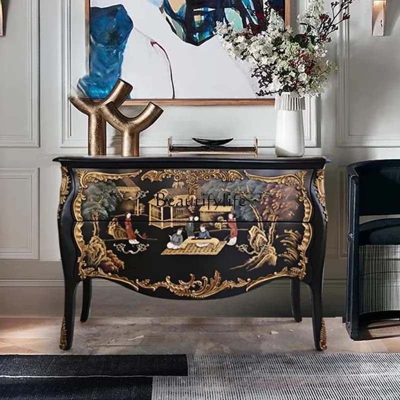 FG11American porch cabinet solid wood living room partition decoration French retro Chinese black gold painted cabinet