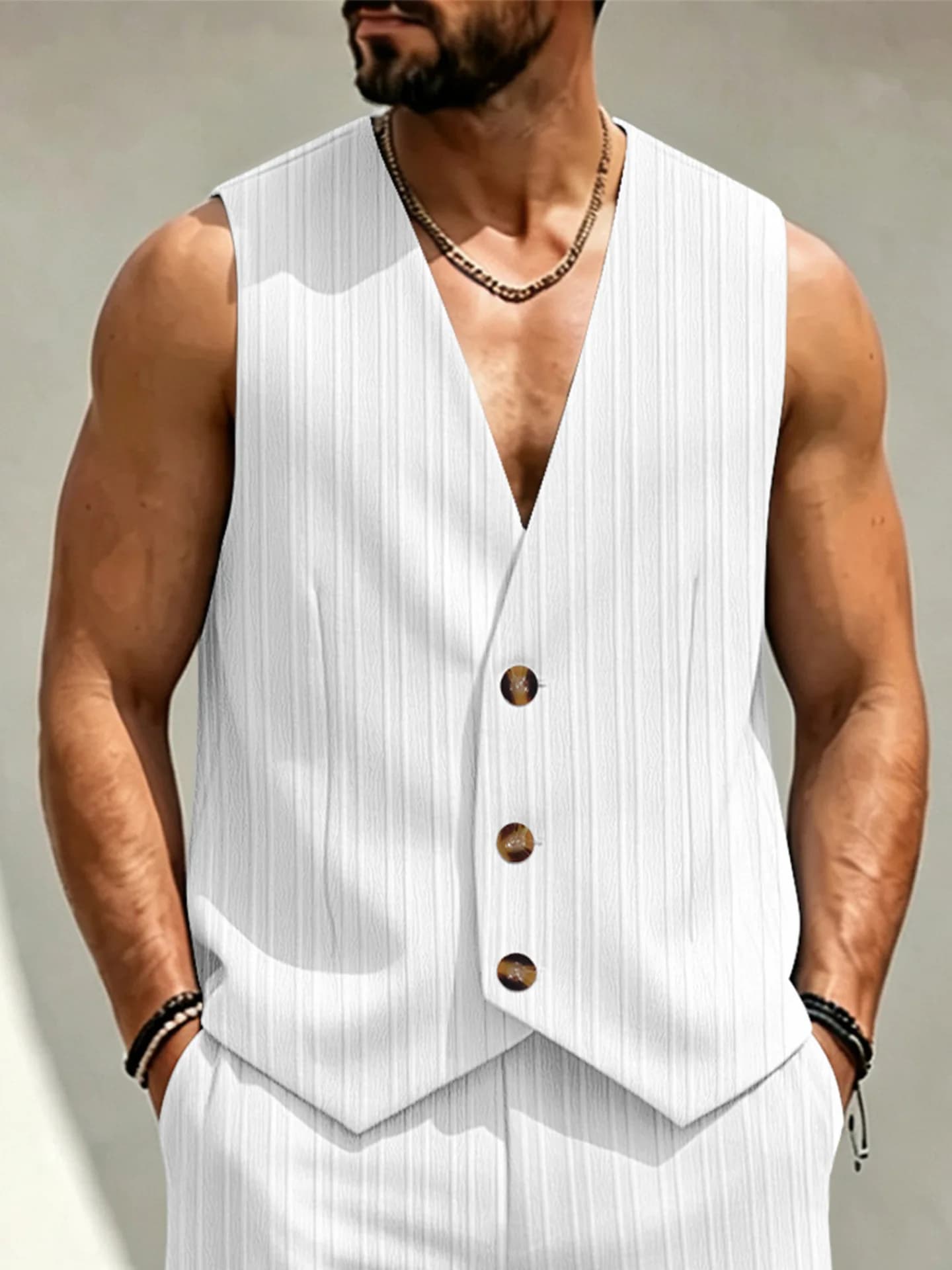 2027Summer Men Vest Fashion Solid color V-neck Striped Button Casual Top Outdoor Male Sports Sleeveless Vest New Men streetwear