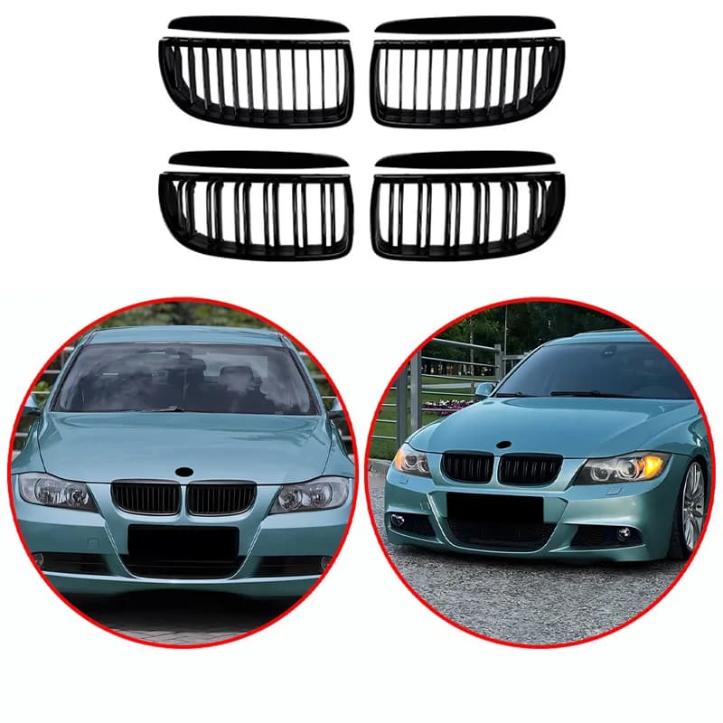 For BMW 5 Series E90 E91 2005-2008 High Quality ABS Single Line & Double Lines Kidney Grille Car Front Bumper Grill Glossy Black