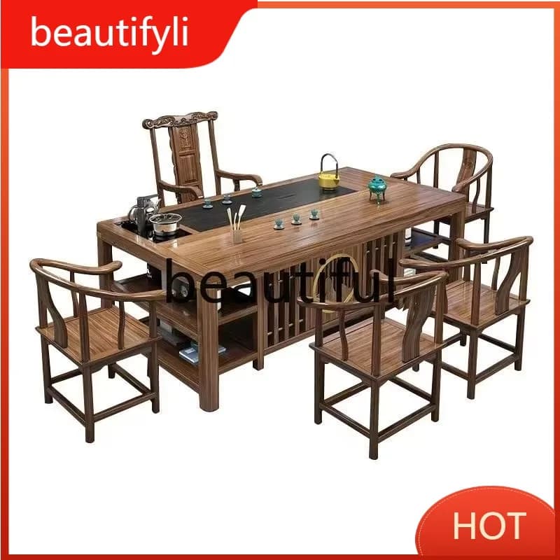 A139 Balcony tea table and chair combination solid wood new Chinese coffee table set integrated office tea table