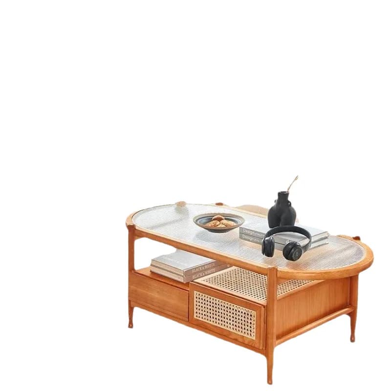 Japanese-style rattan coffee table, living room home modern small apartment glass table, double-layer round solid wood table