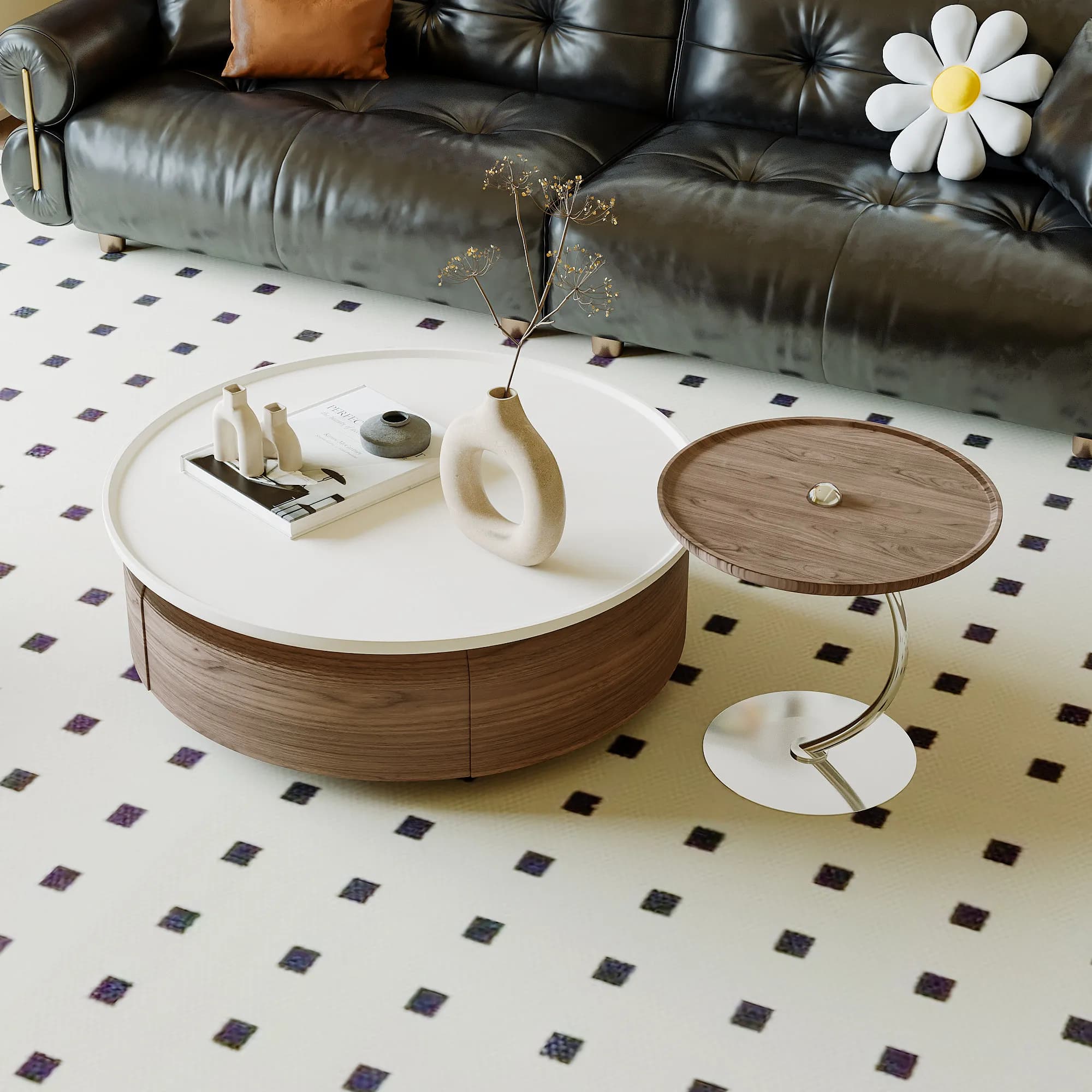 CX medieval round solid wood coffee table combination living room small apartment storage, coffee table