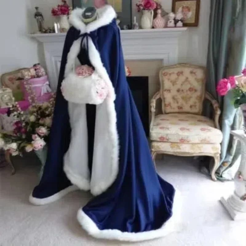 Navy Blue Hooded Cloak Bridal Cloak Winter Long Faux Fur Bordered Wedding Cloak Custom Size Fur Wrap