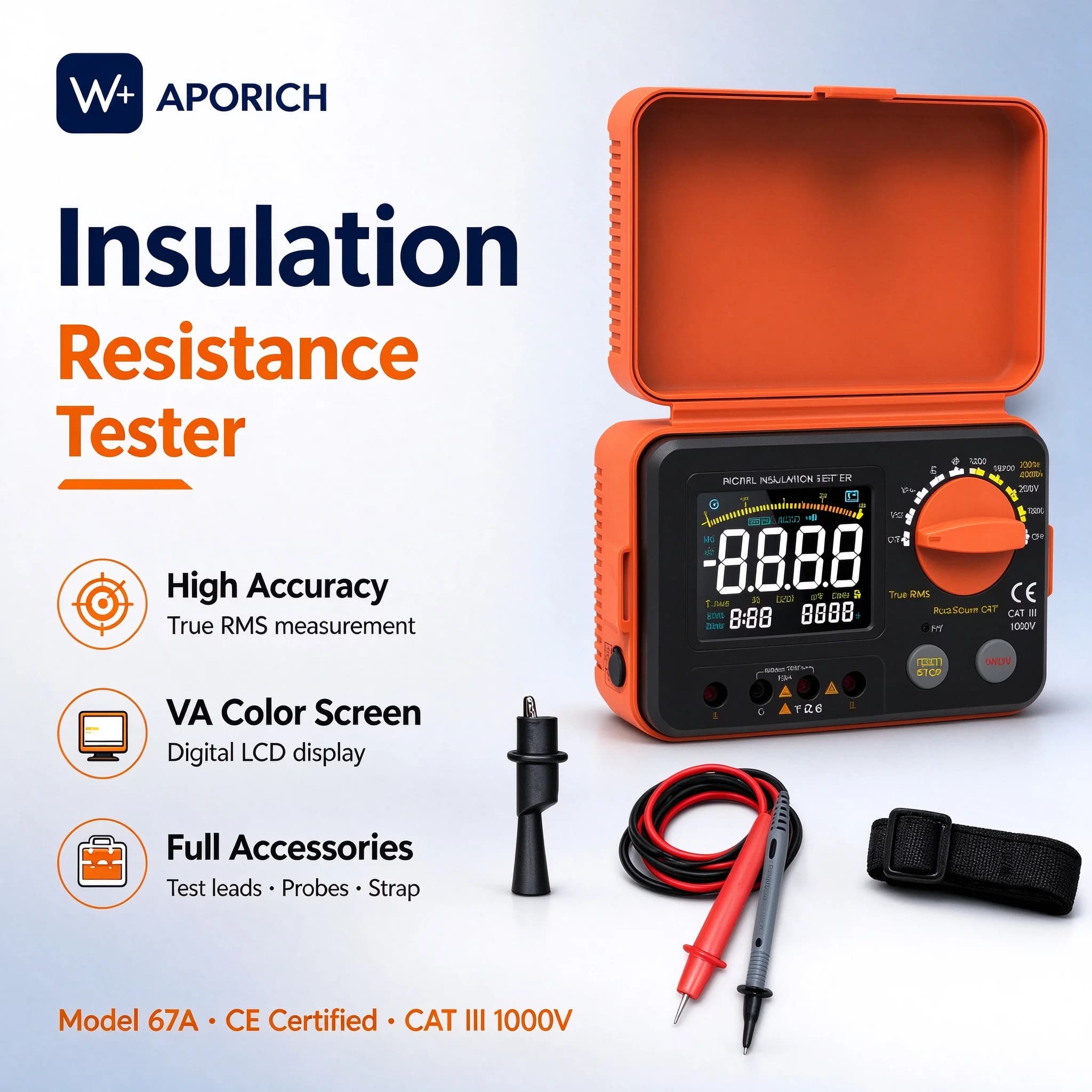 Digital Insulation Resistance Tester Megohmmeter 67A Auto Range 250V 500V 1000V 1500V Up to 30GΩ VA LCD Data Hold Continuity