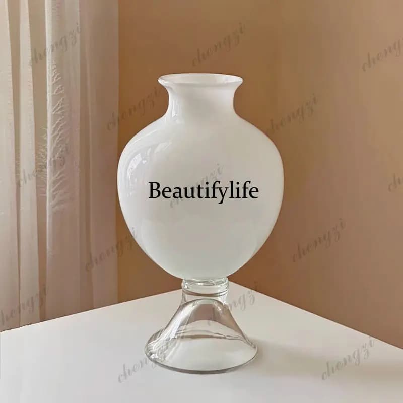 High-end white glazed vase water new Chinese style, high-footed flower ware small mouth big belly bottle glass ornament