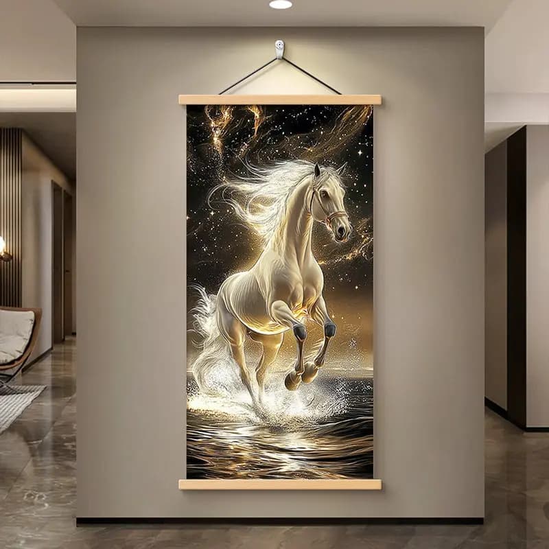 Wall Art Galloping White Horse and Golden Light Modern Luxe Pearlescent Canvas Hanging Scroll with Wooden Rods for Entryway