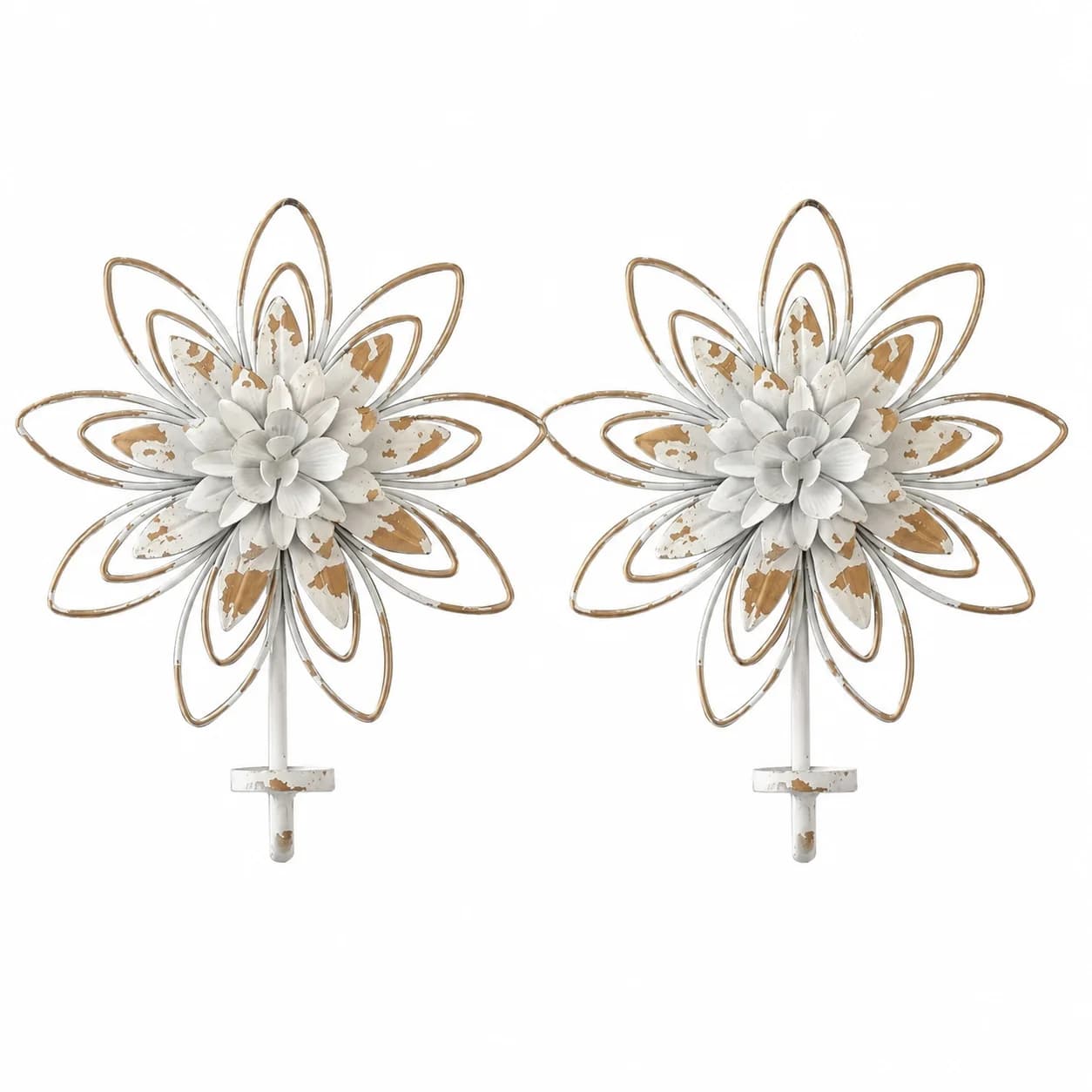 French Vintage Flower Metal Wall Candle Sconces Set of 2, Distressed Rustic White or Rust Finish, Farmhouse Wall Decor for Homes