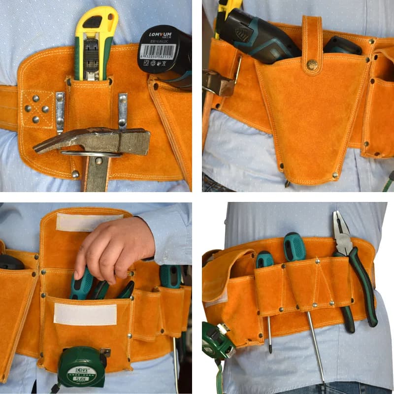 Small Leather Tool Pouch with Zipper and Pockets for Electricians and Carpenters, Leather Belt Pouch in Cowhide Style