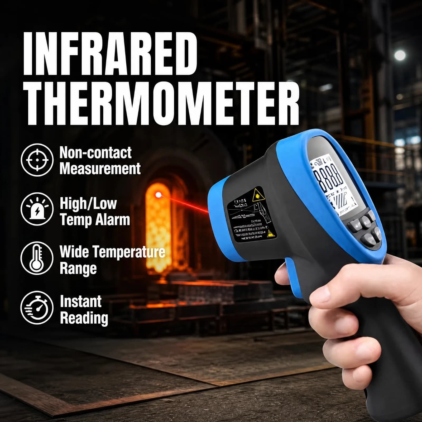 Non Contact Infrared Thermometer -50℃~1360℃ 16:1 D:S Ratio Adjustable Emissivity Industrial Temperature Gun for Metal Furnace
