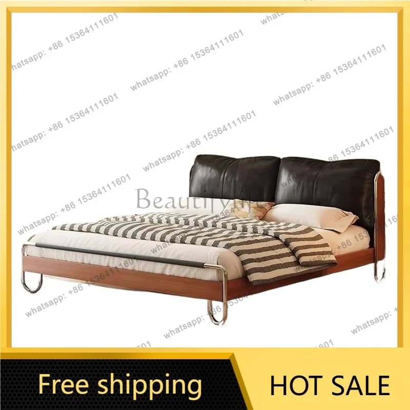FG Floating Modern Double Bed Metal Duvet Backrest Hotel Loft Bedroom Bed King Size Adults Wooden Camas De Dormitorio Furniture