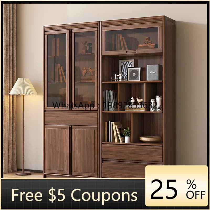 LYY Black Walnut Solid Wood Bookcase New Chinese Style Bookshelf Integrated Wall-Mounted Glass Door Cabinet Office Cabinet
