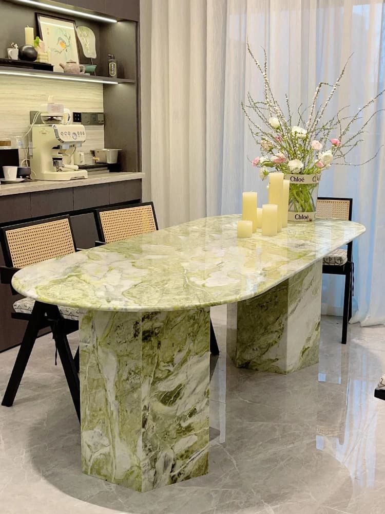 Irish Green Stone Dining Table, Swan Lake Marble Oval Design, Heat & Scratch Resistant, Master Designer Luxury, Customizable