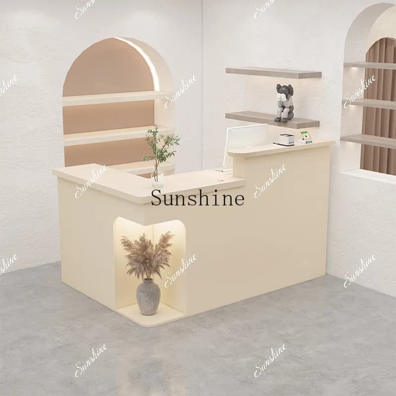 Corner simple modern clothing store counter with light L-shaped reception front desk  FT