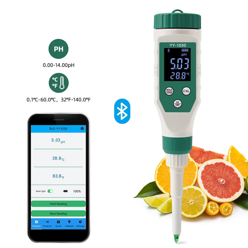 Smart pH Meter 0.00-14.00pH ±0.1 Accuracy Bluetooth 5.2 APP Data Storage IP67 Waterproof for Food/Water/Skin Testing FCC