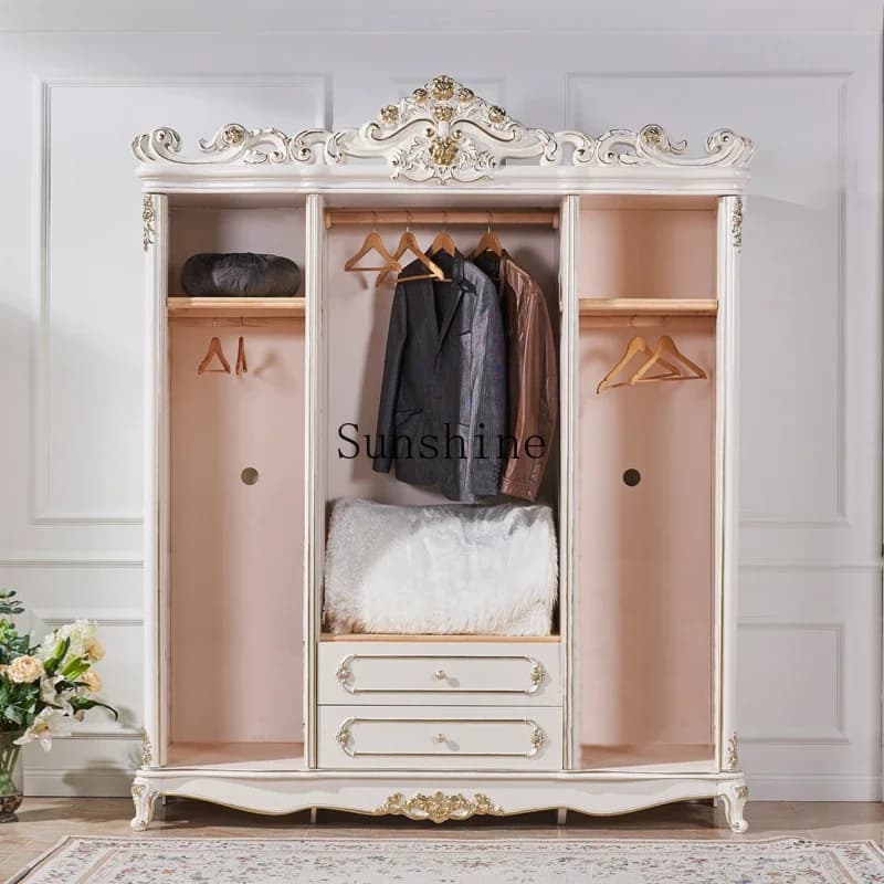 Solid wood European 4-door bedroom wooden wardrobe combination champagne gold luxury engraved cabinet  FT