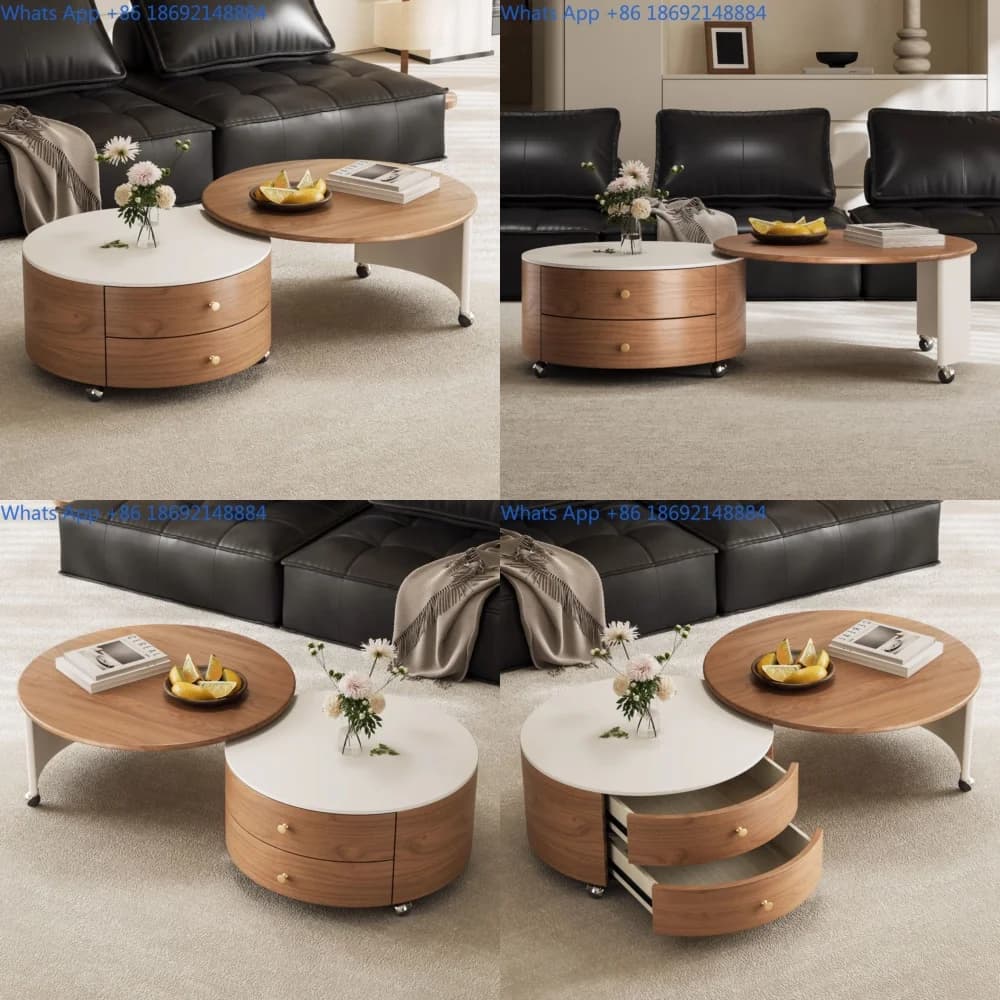 Round Extendable Coffee Table Set for Living Room Small Apartments with Marble and Solid Wood Movable Luxury Design