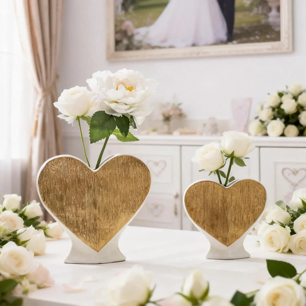 CAPIRON Gold White Heart Shape Ceramic Vase Set Modern Luxury Table Decoration Home Office Desktop Art Shelf Bathroom Decoration