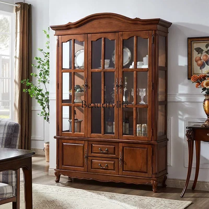 yj21  American-style Solid Wood Three-door Wine Cabinet Vintage Style Living Room New Glass Door Display Cabinet